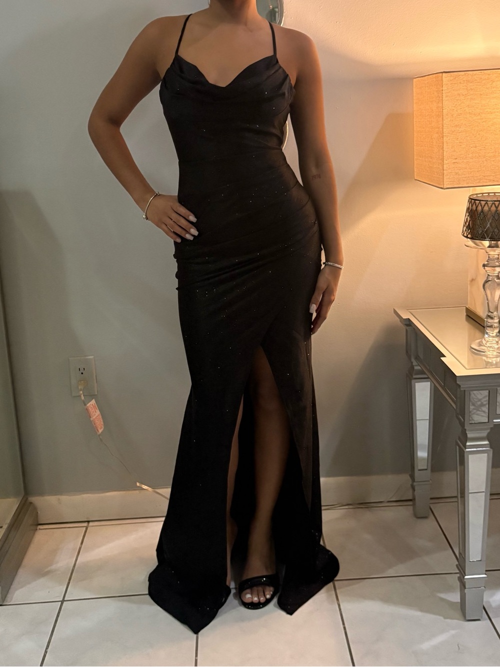 Elegant Black Shimmer Evening Gown with Front Slit